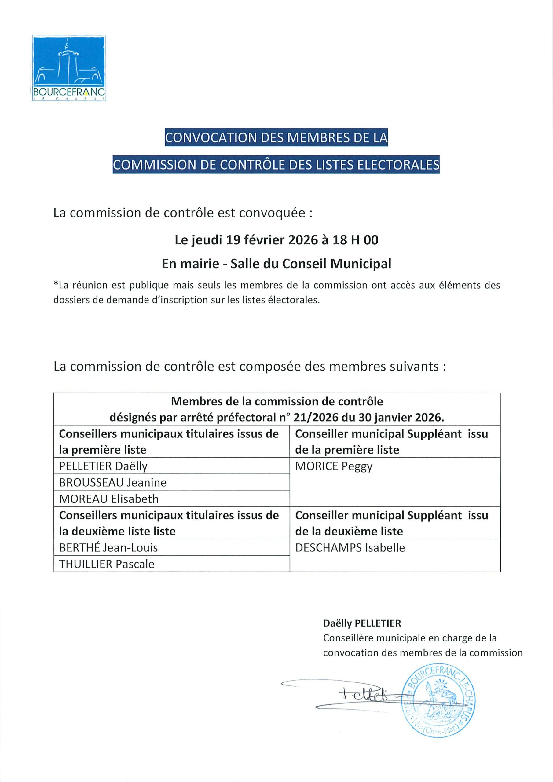 Convocation des membres de la commission de contrôle